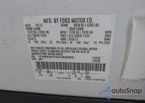 2016 Ford Explorer Platinum z USA, uszkodzony, nr VIN 1FM5K8HT5GGB26509